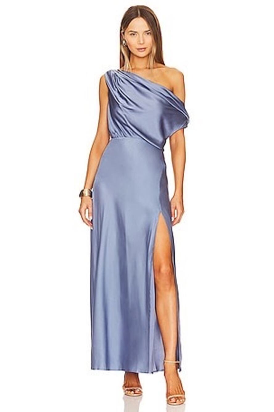 ASTR the Label Slate Blue Monroe Satin Drape Off the Shoulder Maxi Dress Medium